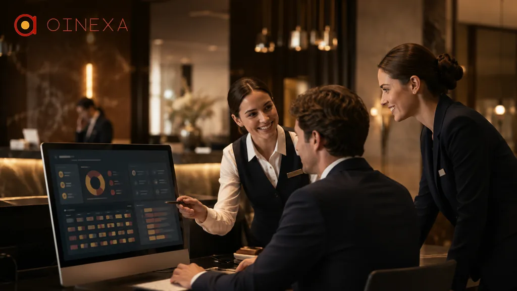Immagine generata con IA: il personale di accoglienza analizza insieme i dati della struttura su un monitor alla reception (interfaccia dimostrativa).