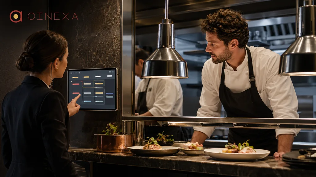 Immagine generata con IA: una responsabile di sala coordina la cucina da un tablet a muro mentre lo chef prepara i piatti (interfaccia dimostrativa).