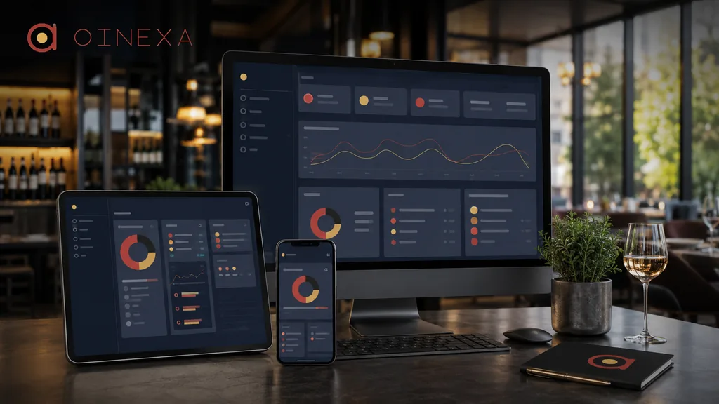 Immagine generata con IA: gli indicatori di OINEXA visualizzati su desktop, tablet e smartphone in un ambiente di ristorazione (interfaccia dimostrativa).