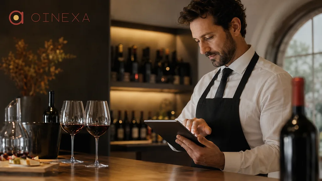 Immagine generata con IA: un sommelier consulta un tablet al bancone dell’enoteca, circondato da bottiglie in esposizione (interfaccia dimostrativa).