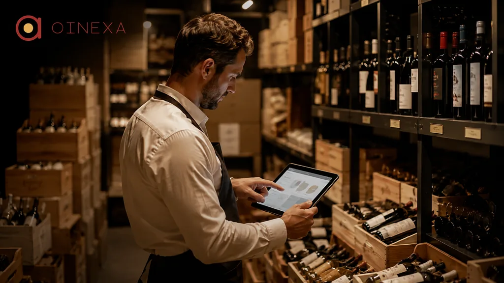 Immagine generata con IA: un cantiniere consulta le giacenze su un tablet tra gli scaffali di bottiglie e le casse di legno del deposito (interfaccia dimostrativa).