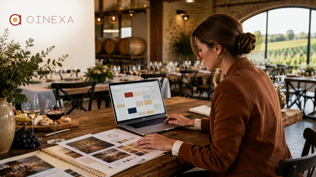 Immagine generata con IA: una responsabile pianifica un’esperienza enogastronomica al computer, nella sala di un relais con vista sui vigneti (interfaccia dimostrativa).